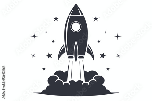 Dark monochrome rocket launching through clouds amidst scattered stars shines with potential and innovation