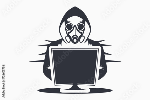 Dark silhouette of person wearing gas mask and hood behind computer looks ominous