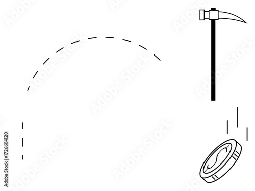 Hammer striking coin as it deflects with dotted arc path shows impact, action, and momentum. Ideal for physics, cause-effect, economics, decisions, motion and change concepts. Simple flat metaphor