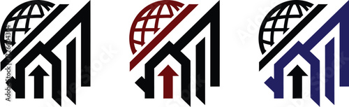 Three versions of a logo with an arrow pointing up and a globe, representing growth, international reach, and global business