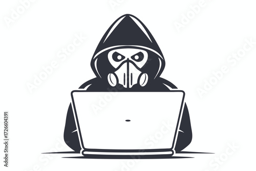 Dark silhouette shows a person in a hood using a laptop with mask over face