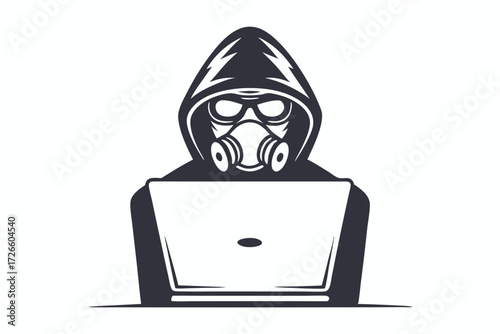 Dark silhouette shows hooded figure wearing gas mask while using a laptop