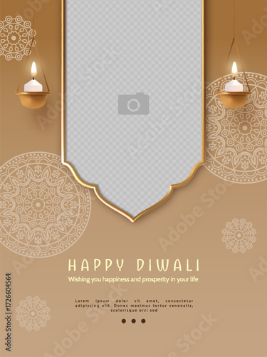 Happy Diwali Poster Template with empty space for photo image. Luxury wedding invitation card