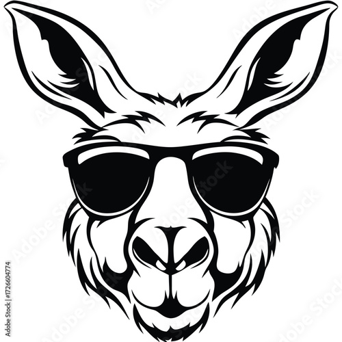 Detailed monochrome kangaroo head with sunglasses presents a cool, striking, stylish appearance