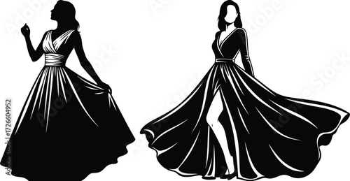 Elegant silhouette of two women wearing long evening gowns isolated on white background, showcasing fashion, glamour, and special occasion attire