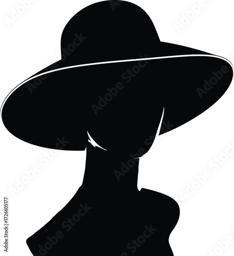 Silhouette of a woman wearing a widebrimmed hat isolated on white background, evoking mystery, sophistication, and vintage fashion