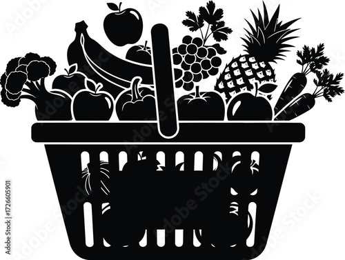 A black and white silhouette of a basket overflowing with fresh fruits and vegetables isolated on white background, a healthy and bountiful harvest