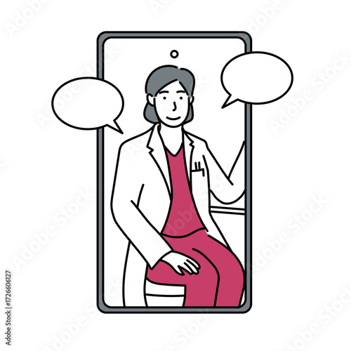 スマートフォンの画面に映る医師が吹き出しを通して会話しながらオンライン診療や健康相談を行う場面を表現。遠隔で患者とつながり医療を提供する現代的なスタイルを描いたイラスト｜オンライン診療,遠隔医療,スマートフォン,医師,ビデオ通話,健康相談,会話,吹き出し,医療従事者,教育,解説,ベクター