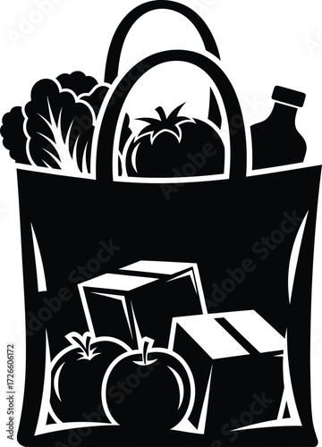 A black and white silhouette of a shopping bag filled with groceries isolated on white background, representing a recent trip to the store