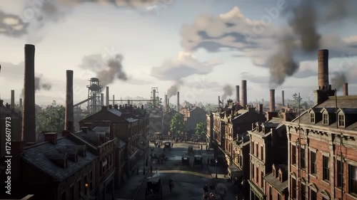 Industrial City Street, 1800s, Horse-Drawn Carriages, Smoke Stacks