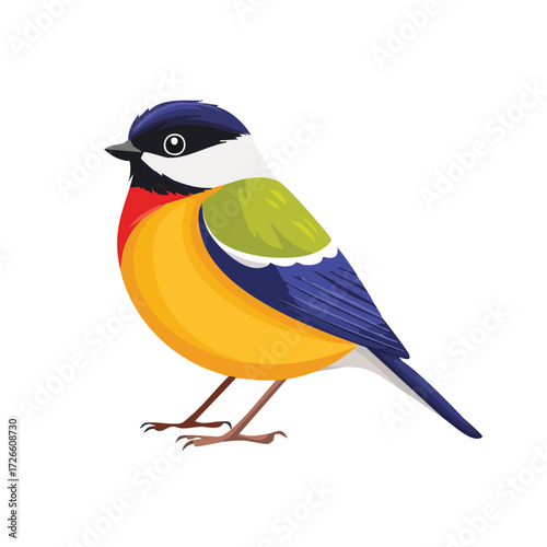 Colorful vector illustration of a small songbird with bright yellow belly, green wings, red chest, and blue tail. Detailed bird artwork perfect for logos, prints, and nature designs.

