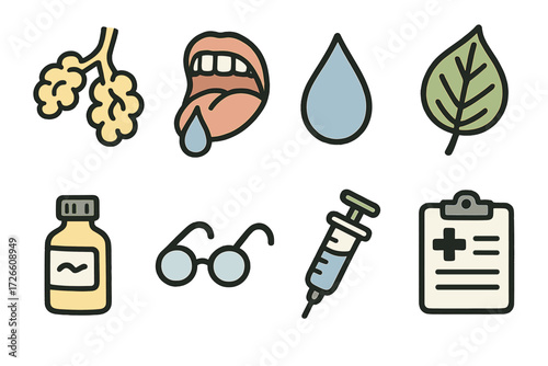 Essential healthcare icons set featuring leaf, syringe, and more for medical design