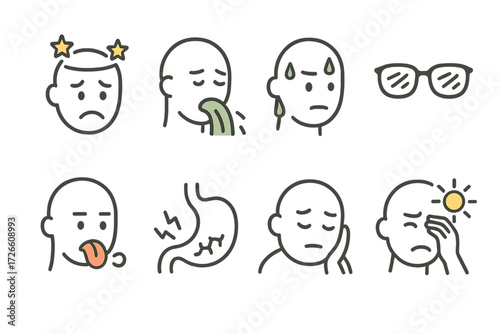 Linear mood icon set with faces expressing various emotions and reactions