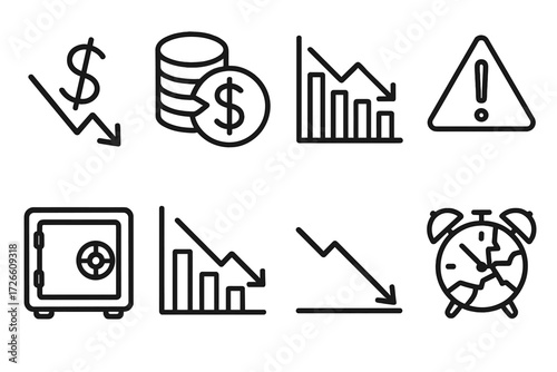 Economic downturn icons with warning symbols on dark background