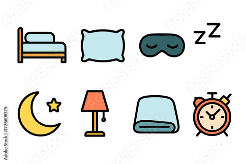 Sleep essentials: night icons featuring moon, clock, bed, and pillow