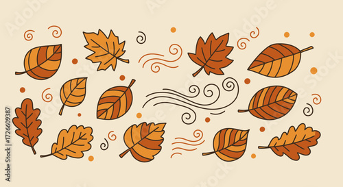 Hand-drawn vector set of colorful autumn leaves and decorative wind swirls, a seasonal fall foliage graphic collection