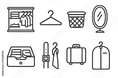 Chic linear wardrobe essentials icons: clothing, accessories, and organizers