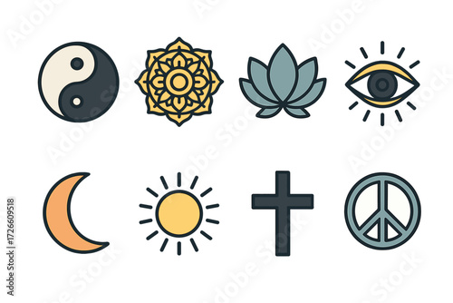 Symbol collection featuring yin yang, lotus, sun, moon, peace, cross, and eye in vibrant style