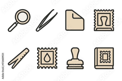Vintage postal icon set with magnifying glass and stationery elements on textured background