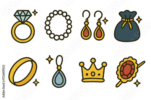 Hand drawn jewelry icons on gold background featuring rings and accessories