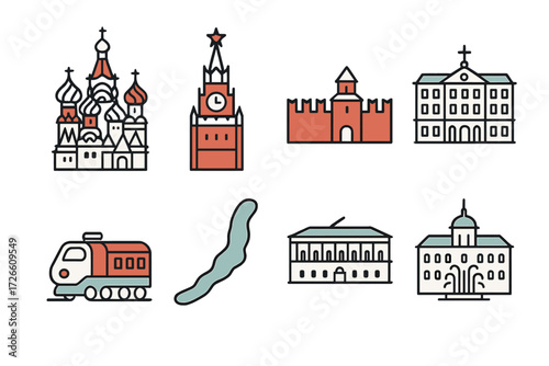 Iconic moscow landmarks in minimal line art design