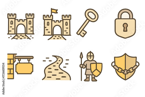 Medieval icons set with castle, key, lock, and knight on gold background