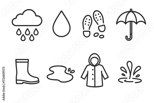 Minimalist rainy weather icons: umbrella, raindrop, and waterproof gear set