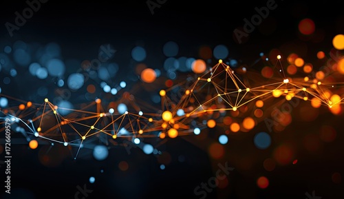 Abstract network of light points and lines in orange and blue on a dark background