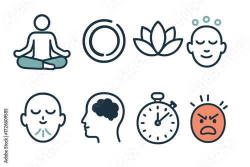 Mindfulness and meditation icons in calm linear style
