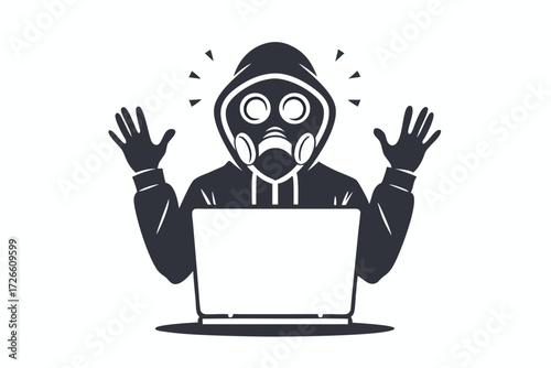 Hooded character with gas mask is using a computer amidst digital corruption