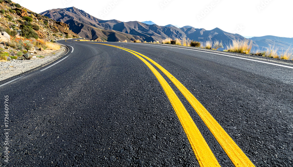 Obraz premium Empty asphalt highway winding through mountain landscape on white background