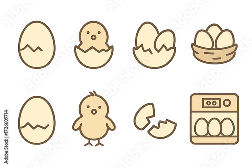 Linear egg and chick icons set on wooden background for farm and easter themes