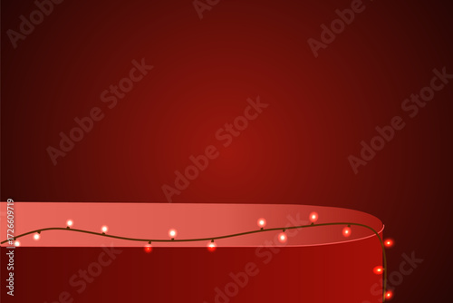Red round podium or stage decorated with light string, 3d display mockup room. Minimal platform or pedestal Christmas scene showcase, vector illustration light bulb presentation product, sale banner