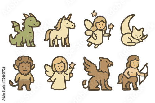 Magical creatures collection: stylized flat fantasy icons on gradient background
