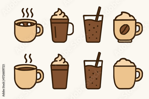 Set of coffee cup icons in flat style with various beverage designs