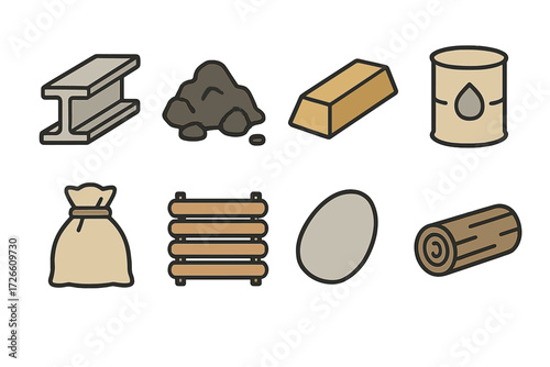 Linear icons representing raw materials and industrial resources