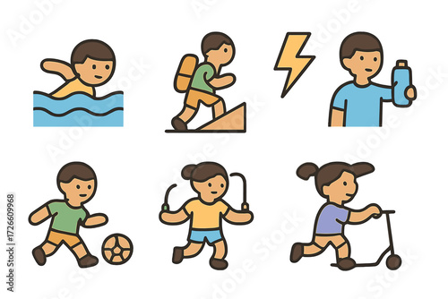 Colorful activities for kids: swimming, hiking, playing, and exercising icons