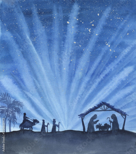 Canvas Print Watercolor Christmas nativity religion scene of baby Jesus, hand drawn stylized