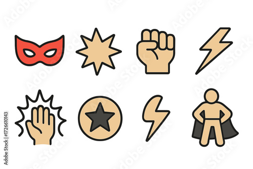Superhero icon set featuring bold masks, stars, and lightning symbols