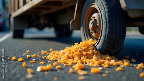 Food waste scattered around truck wheel on road