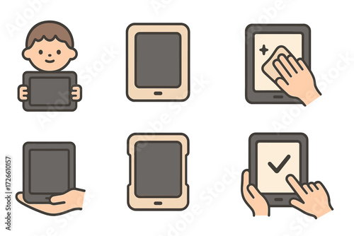 Digital tablet icons: user interaction and device concepts in minimalist design