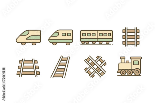 Minimalist train and railroad icons set with modern outline style