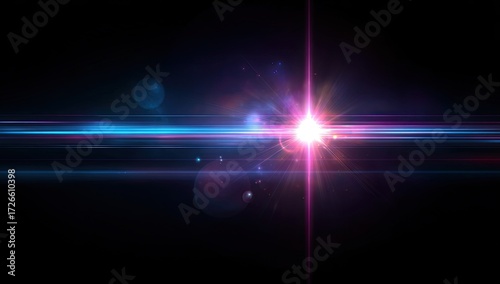 Abstract digital art; vibrant light streaks and lens flares across dark background