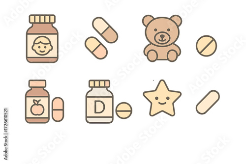 Cute icons for children's vitamins and supplements in soft tones