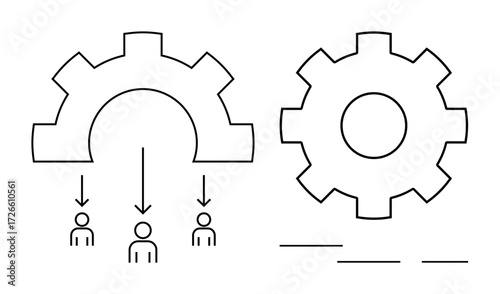 Gear components with arrows connecting to workers, representing teamwork and process management. Ideal for collaboration, business, productivity, workflow, leadership, teamwork strategy. Simple flat