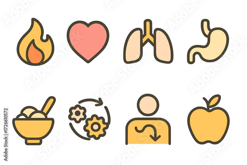 Healthy lifestyle and wellness icons set against warm gradient background