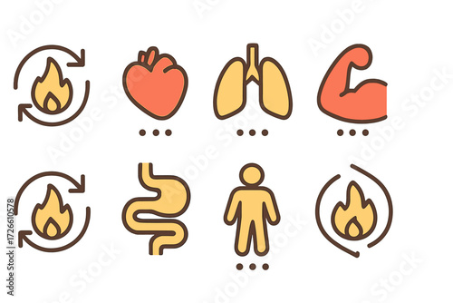 Health icon set: heart, lungs, muscles, metabolism, digestive, wellness symbols on wooden background