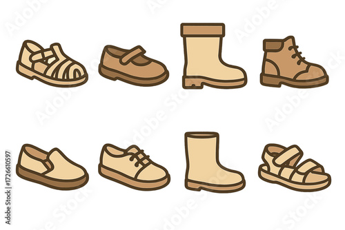 Set of various shoe icons in line art style on gradient background