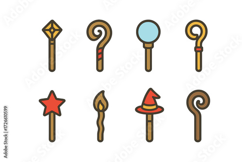 Set of magical staffs and wands with cartoon designs and colorful accents