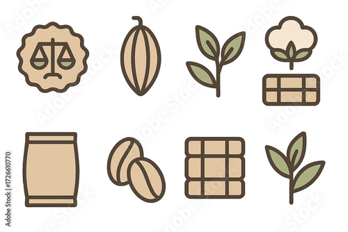 Chocolate and cocoa elements in linear style with icon set on brown background